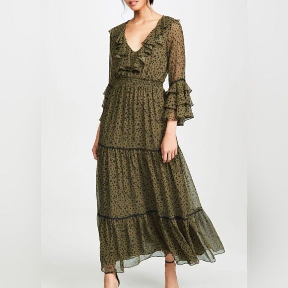 Misa Los Angeles Mavistela Dress XS Green Black Dot Ruffled - Picture 5 of 8